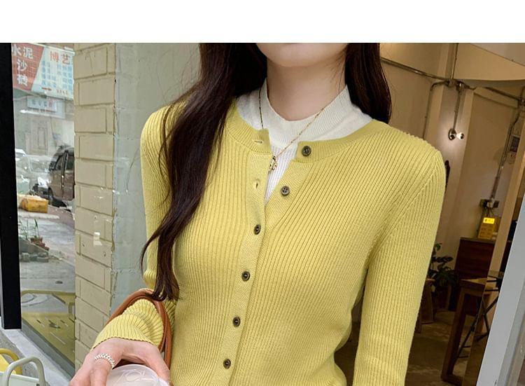 Long Sleeve Mock Neck Mock Two Piece Button Up Ribbed Knit Top Product Image