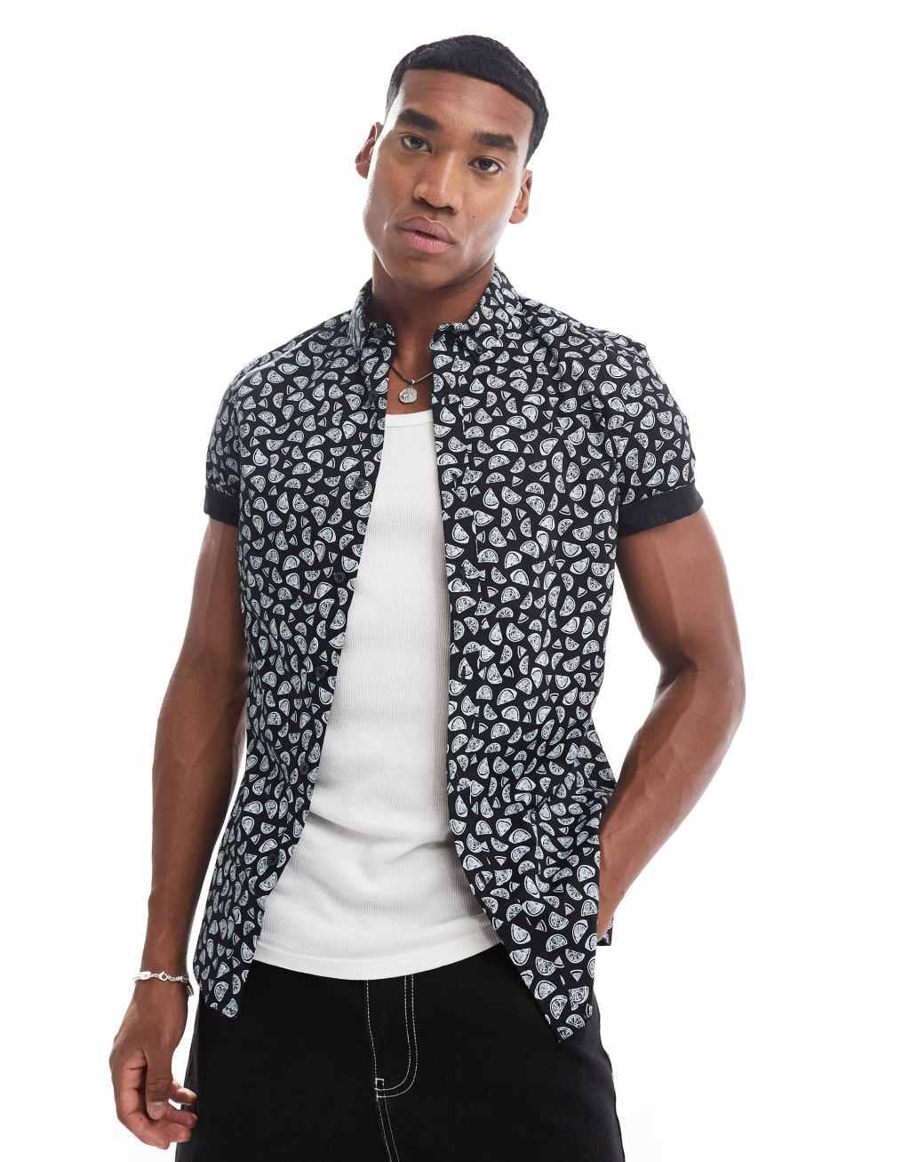 ASOS DESIGN slim shirt in navy fruit print Product Image