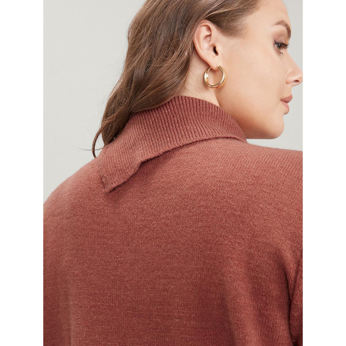 Plus Size Solid Super Soft Plush Knit Button Detail Asymmetrical Knit Top Rust Women Casual Loose Long Sleeve Dailywear Pullovers BloomChic 30/6X Product Image