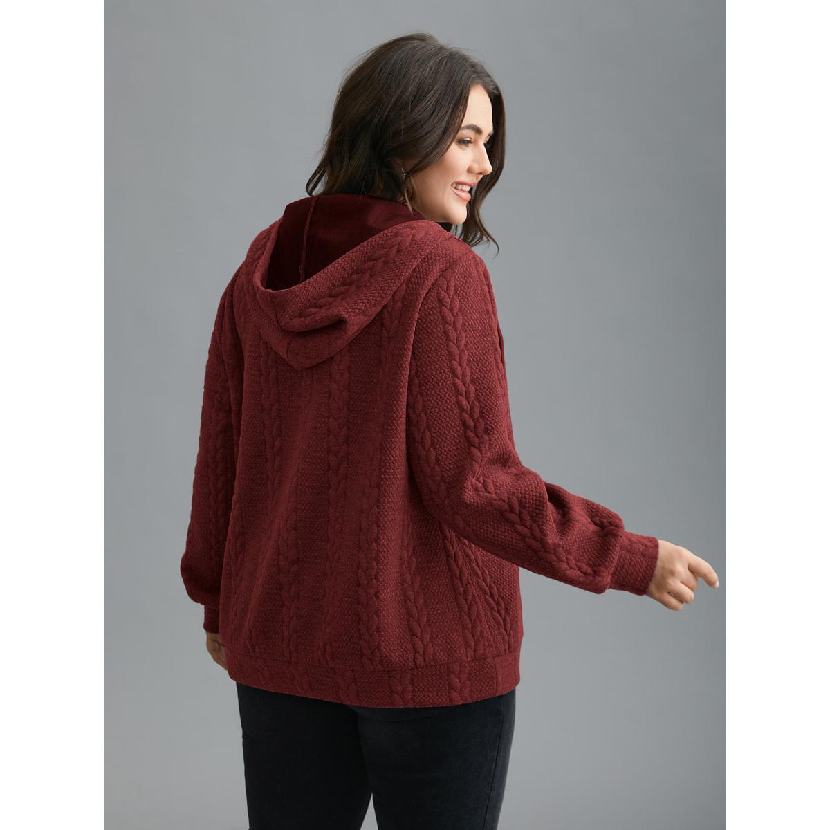 Plus Size Cable Knit V-Neck Ribbed Hem Hoodie Women Burgundy Casual Texture Hooded Everyday Sweatshirts BloomChic 22-24/3X Product Image