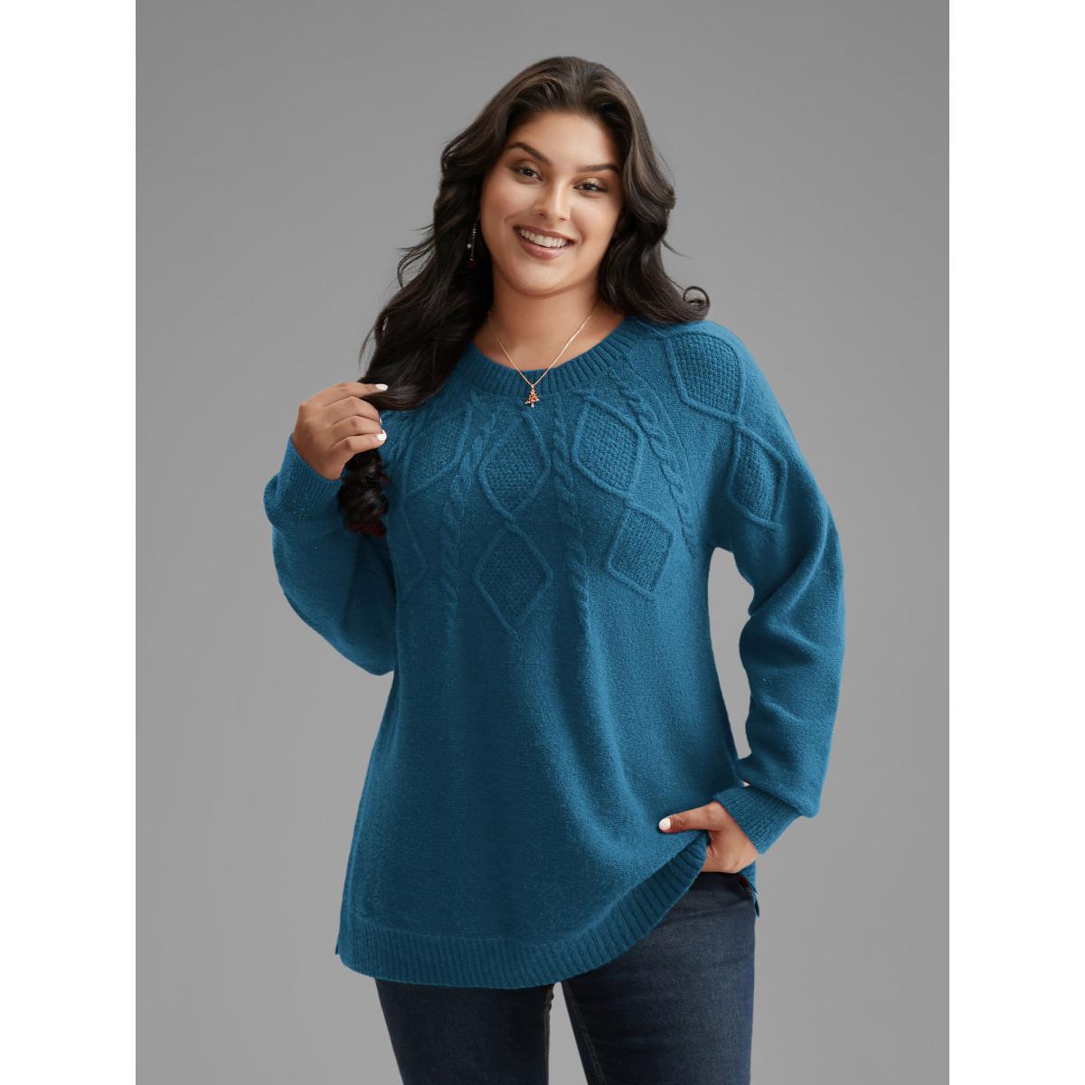 Plus Size Cable Knit Bodice Crew-Neck Pullover Cerulean Women Casual Loose Long Sleeve Round Neck Everyday Pullovers BloomChic 28/5X Product Image