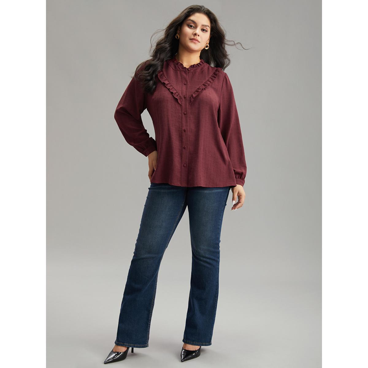 Plus Size Scarlet Stand Collar Solid Gathered Frill Trim Blouse Women Elegant Long Sleeve Stand-up collar Dailywear Blouses BloomChic 22-24/3X Product Image