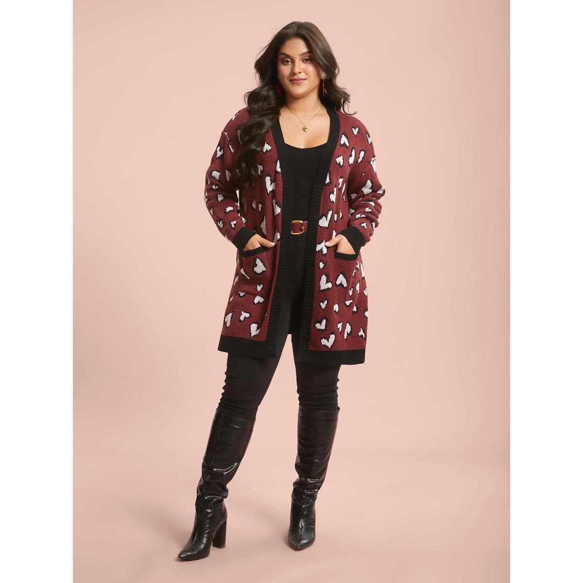 Plus Size Hearts All Over Open Front Contrast Cardigan Deepred Women Casual Loose Long Sleeve Everyday Cardigans BloomChic 12/L Product Image