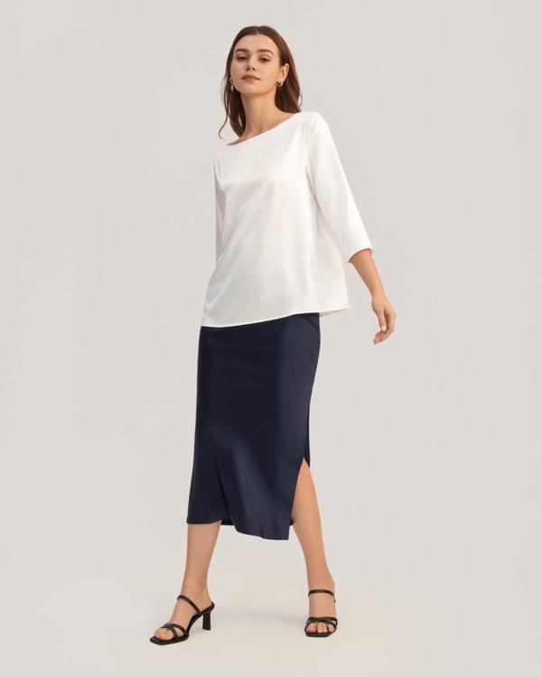 3/4 Sleeve Boat Neck Silk Blouse Product Image