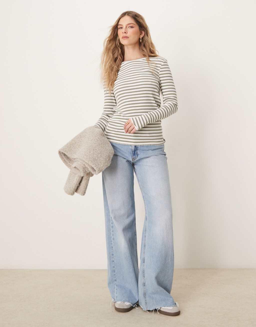 Selected Femme long sleeve ribbed green/white stripe Product Image