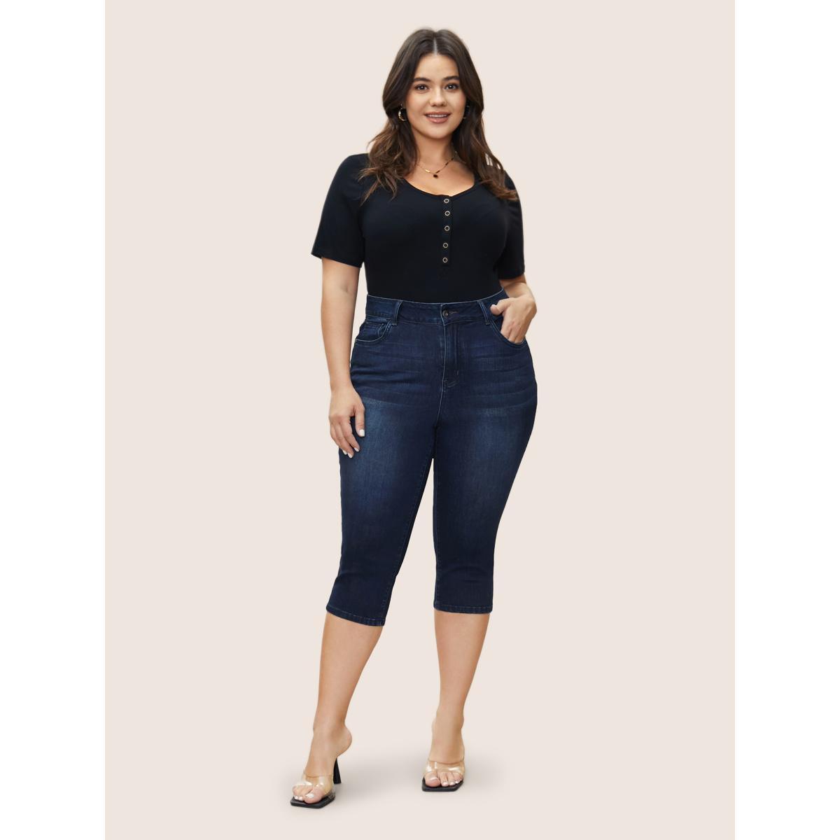 Plus Size Dark Wash Below The Knees Pocket Jeans Women Indigo Casual Plain Button High stretch Slanted pocket Jeans BloomChic 12/L Product Image