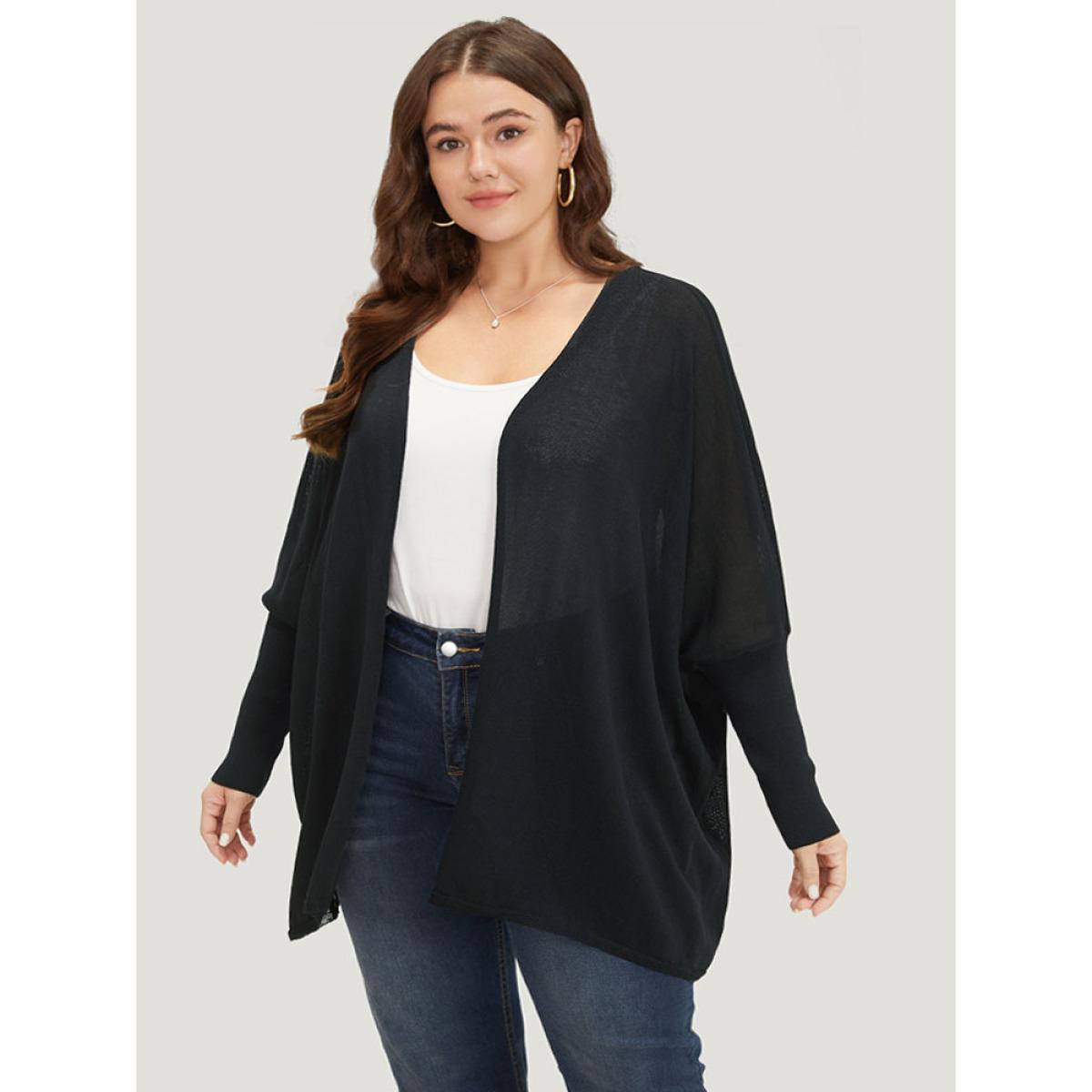 Plus Size Plain Open Front Batwing Sleeve Elastic Cuffs Cardigan Black Women Casual Loose Long Sleeve Everyday Cardigans BloomChic 28/5X Product Image