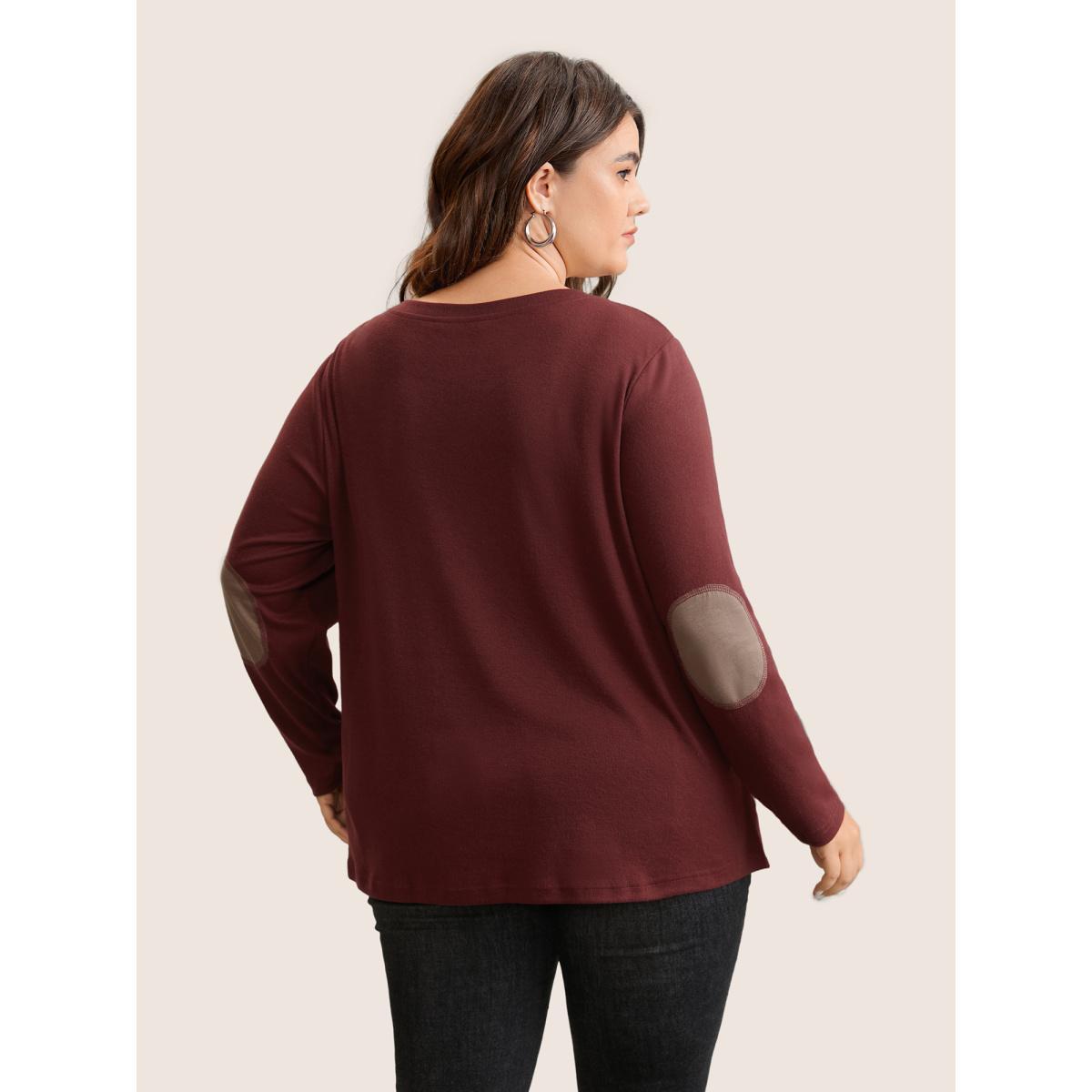 Plus Size Two Tone Patchwork Button Front T-shirt Burgundy Women Casual Contrast Plain Round Neck Dailywear T-shirts BloomChic 26/4X Product Image