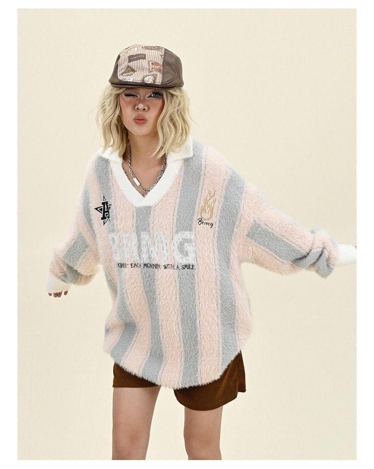 V-Neck Lettering Striped Sweater Product Image