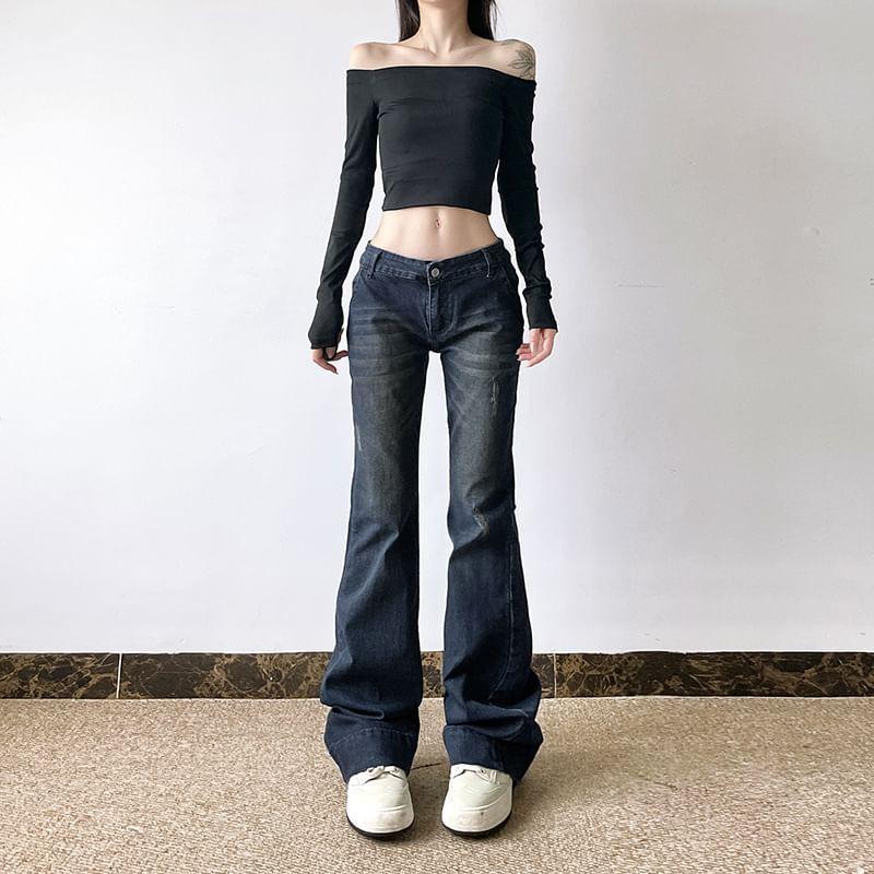 Low Waist Distressed Washed Bootcut Jeans Product Image