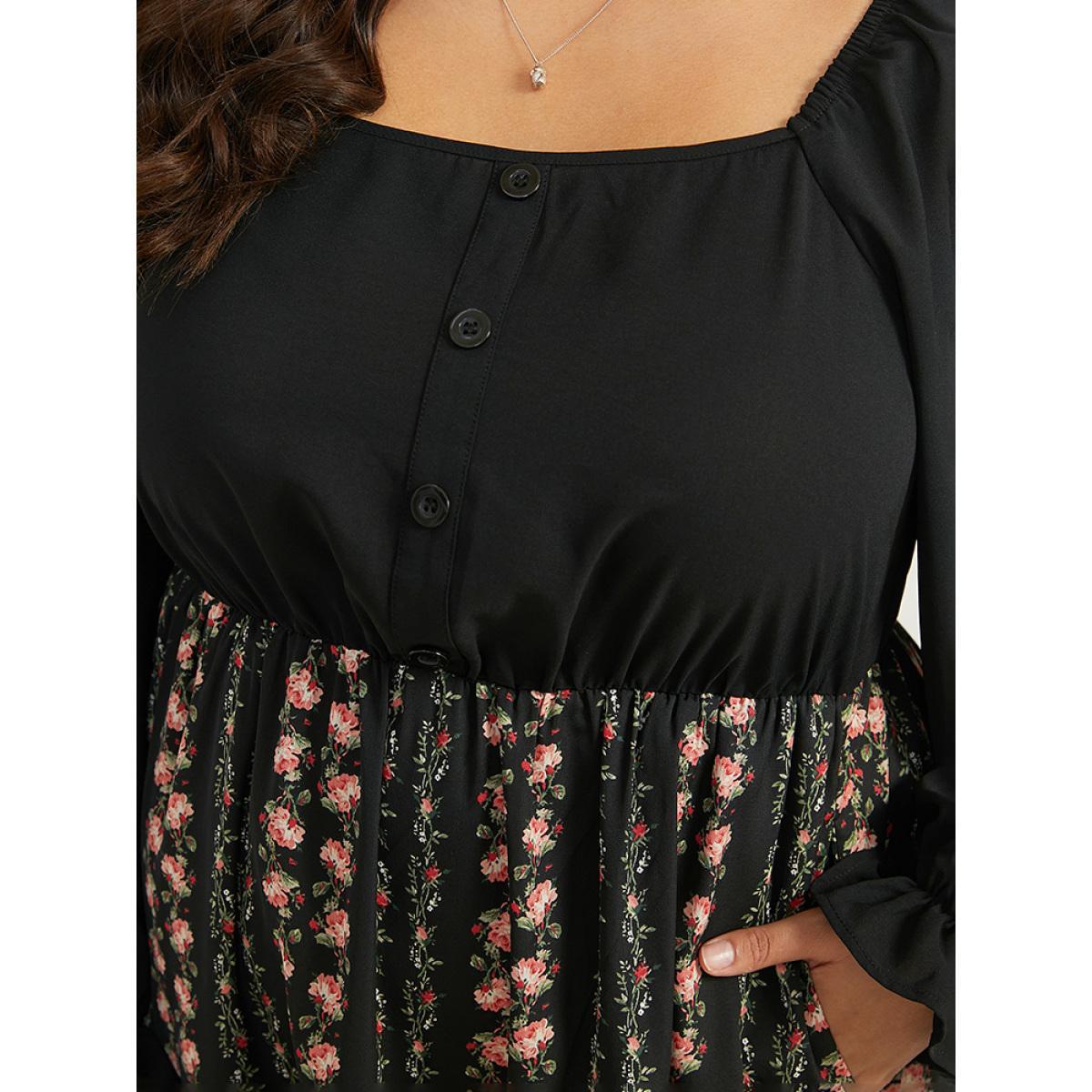 Plus Size Floral Ruffle Layered Hem Square Neck Dress Black Women Office Elastic cuffs Square Neck Long Sleeve Curvy Midi Dress BloomChic 22-24/3X Product Image