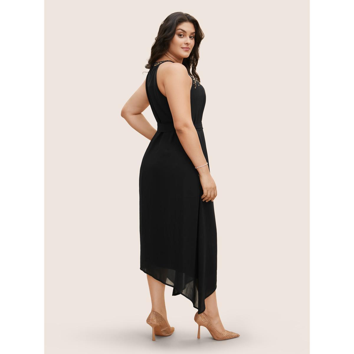 Plus Size Halter Neck Rhinestone Detail Asymmetrical Hem Dress Black Women Cocktail Rhinestone detailing Halter neck Sleeveless Curvy BloomChic 12/L Product Image