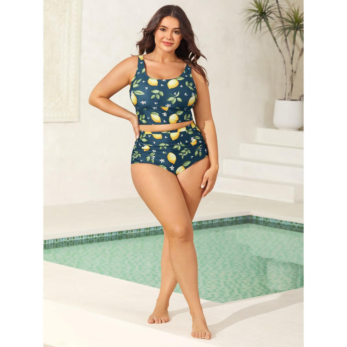 Plus Size Lemon Print Scoop Neck Swim Top Women's Swimwear Aegean Beach High stretch Skinny U-neck Curve Swim Tops BloomChic 12/L Product Image