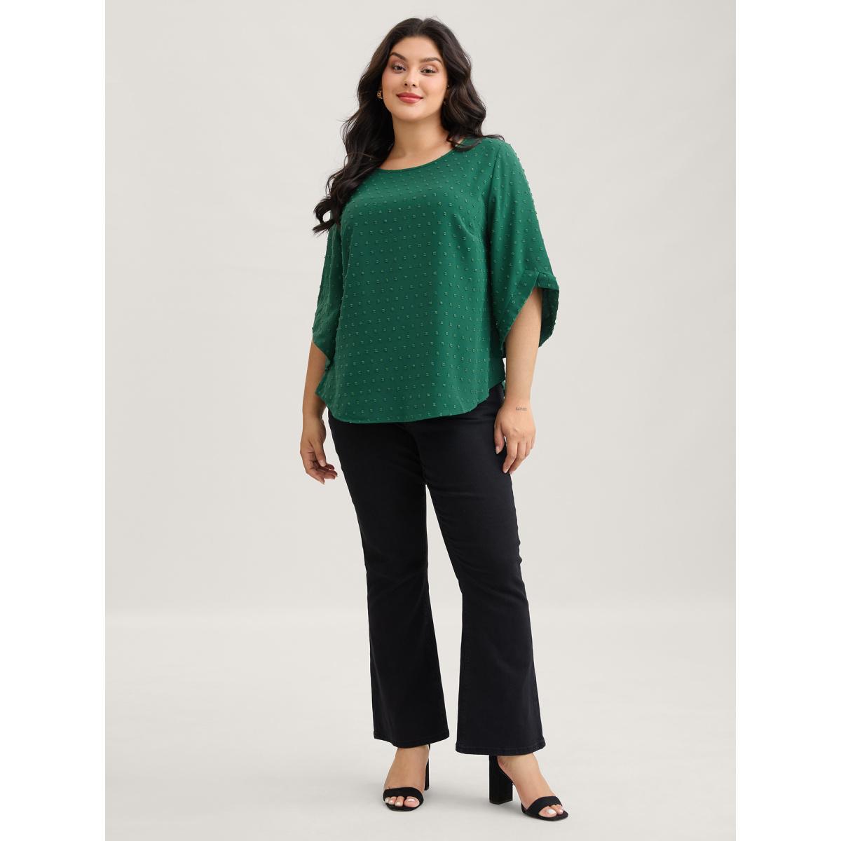 Plus Size Black Textured Round Neck Bell Sleeve Blouse Women Elegant Elbow-length sleeve Round Neck Everyday Blouses BloomChic 12/L Product Image