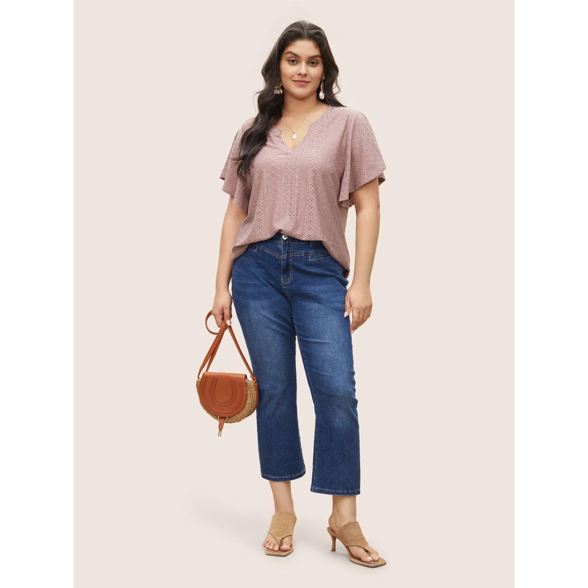Plus Size Plisse Flat Collar With V Notch Ruffle Sleeve T-shirt DustyPink Women Elegant Flat collar with V-notch Everyday T-shirts BloomChic 12/L Product Image