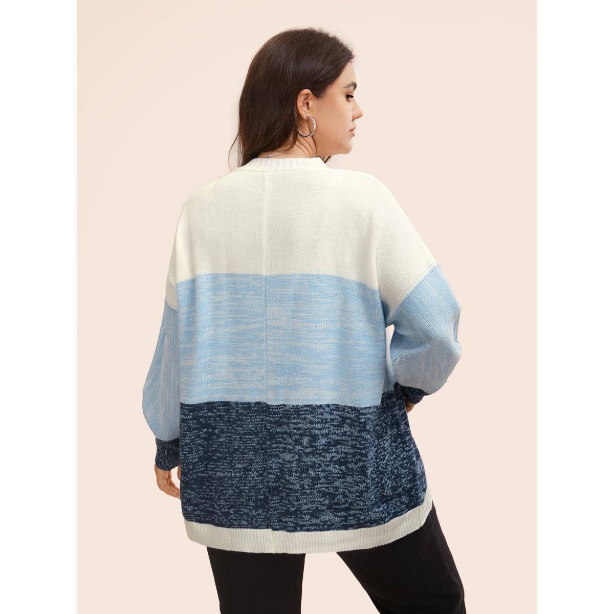 Plus Size Colorblock Contrast Curved Hem Cardigan Indigo Women Casual Loose Long Sleeve Everyday Cardigans BloomChic 12/L Product Image