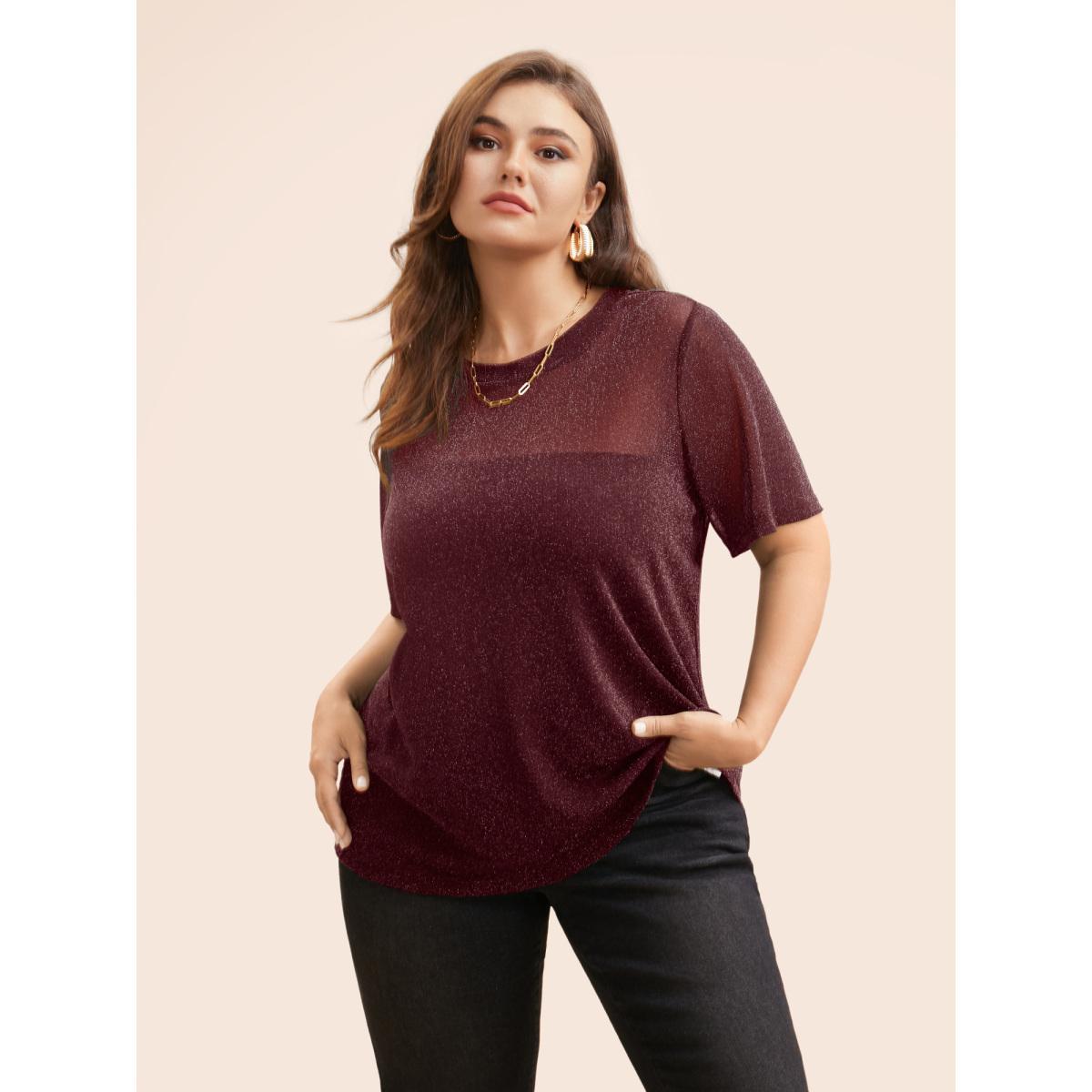 Plus Size Round Neck Luxe Mesh T-shirt Burgundy Women Elegant See through Round Neck Everyday T-shirts BloomChic 18-20/2X Product Image