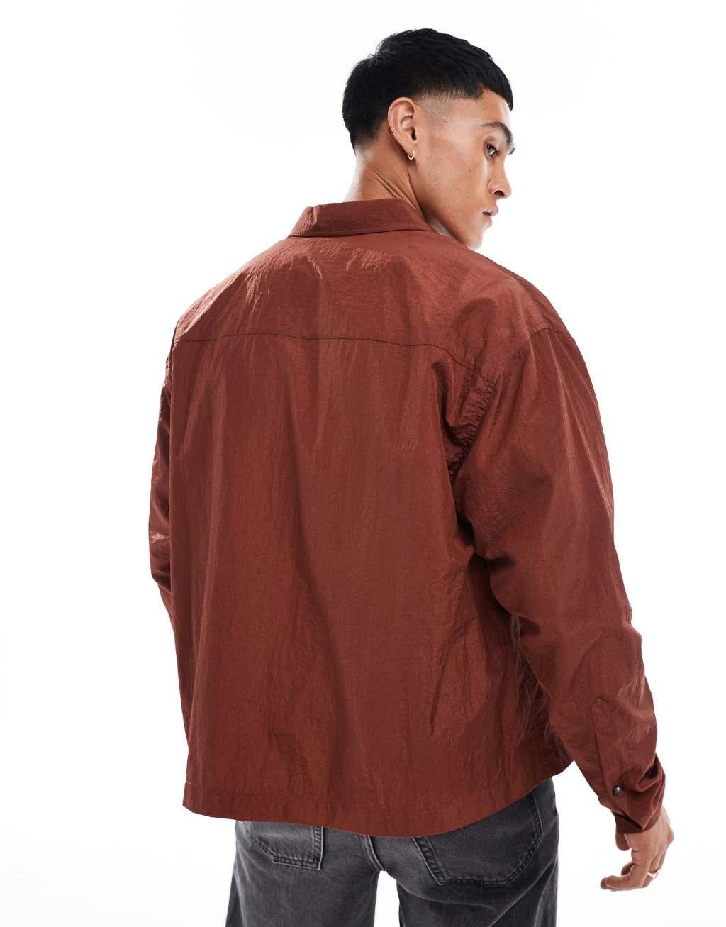 ASOS DESIGN boxy nylon shirt in brown Product Image