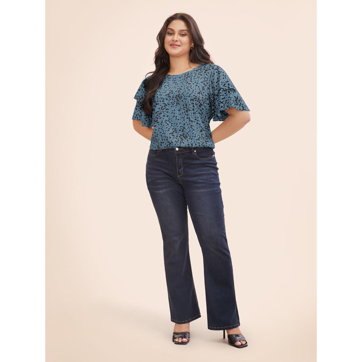 Plus Size Stone Leopard Crew Neck Ruffle Tiered Sleeve Blouse Women Elegant Short sleeve Round Neck Everyday Blouses BloomChic 22-24/3X Product Image