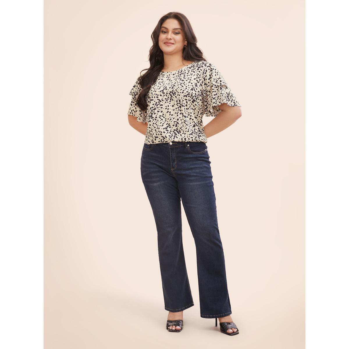 Plus Size Tan Leopard Crew Neck Ruffle Tiered Sleeve Blouse Women Elegant Short sleeve Round Neck Everyday Blouses BloomChic 14-16/1X Product Image