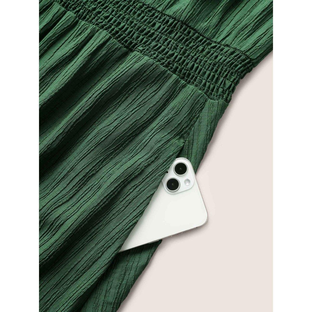 Plus Size Solid Texture Shirred Drawstring sleeve Dress DarkGreen Women Elegant Texture V-neck Cap Sleeve Curvy Midi Dress BloomChic 30/6X Product Image