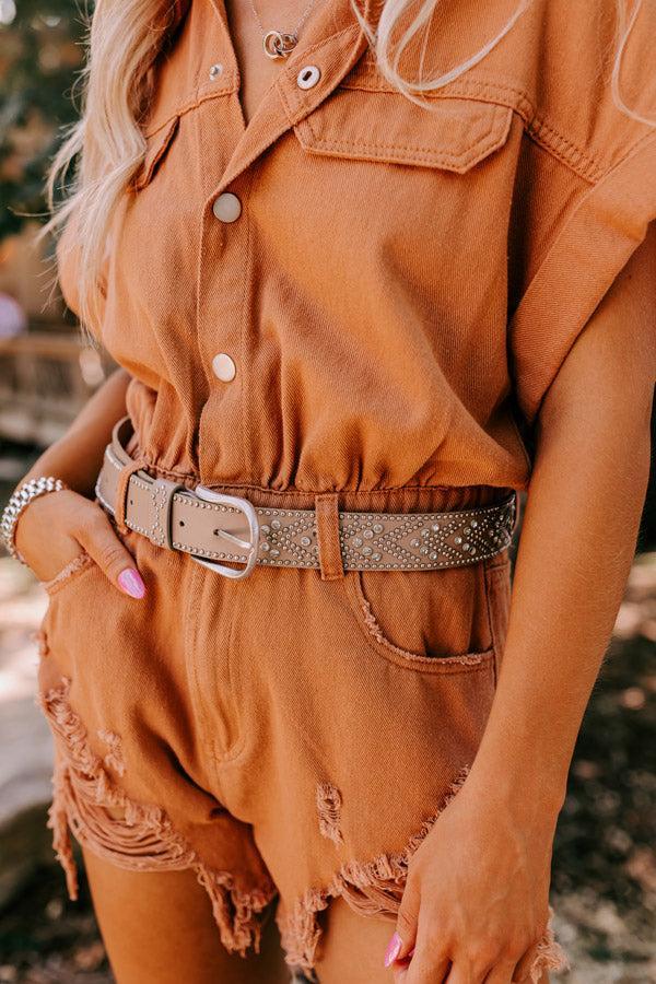 Daring Stares Embellished Faux Leather Belt In Taupe Product Image