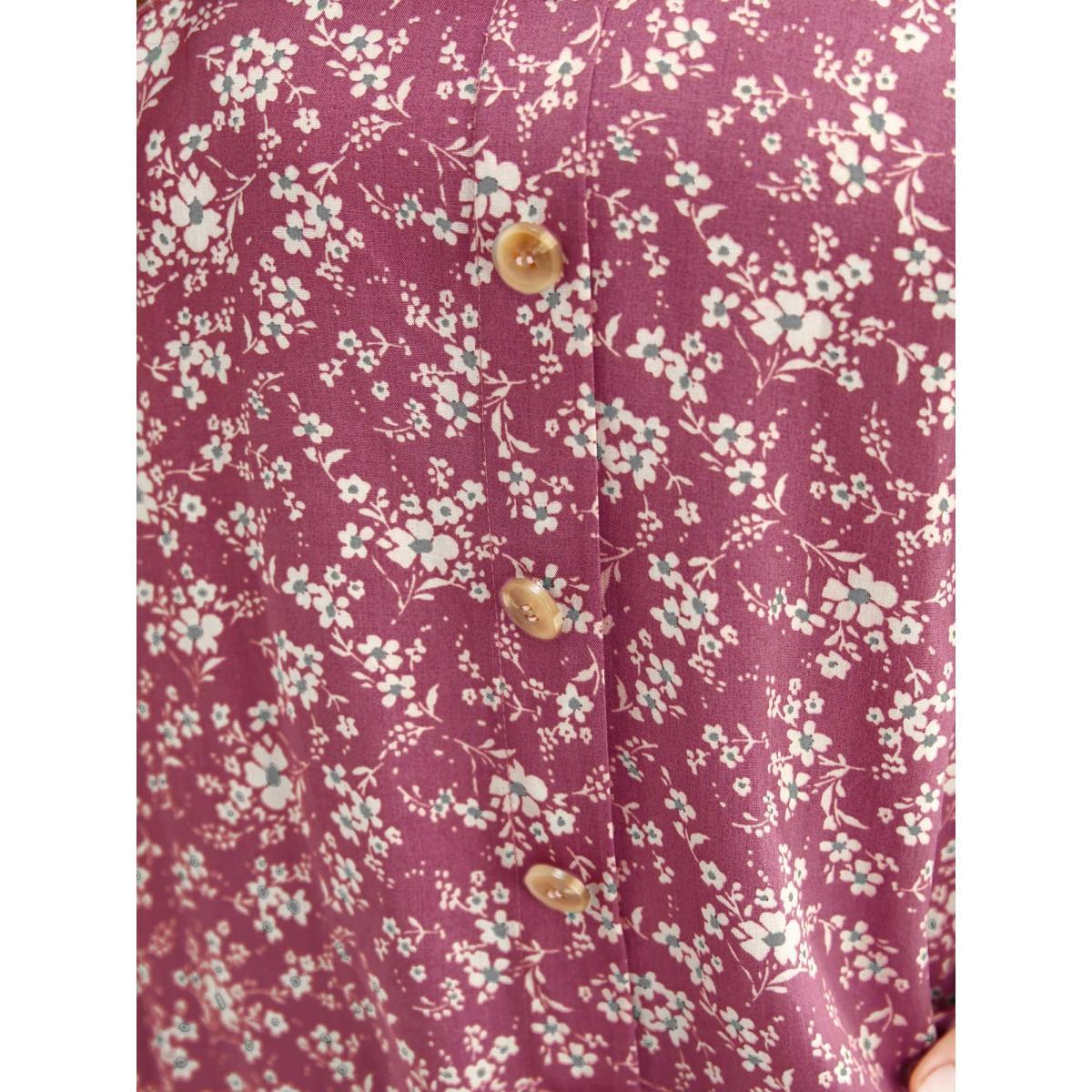 Plus Size Eggplant Ditsy Floral Contrast Ruffle Sleeve Button Detail Blouse Women Elegant Short sleeve Non Everyday Blouses BloomChic 22-24/3X Product Image