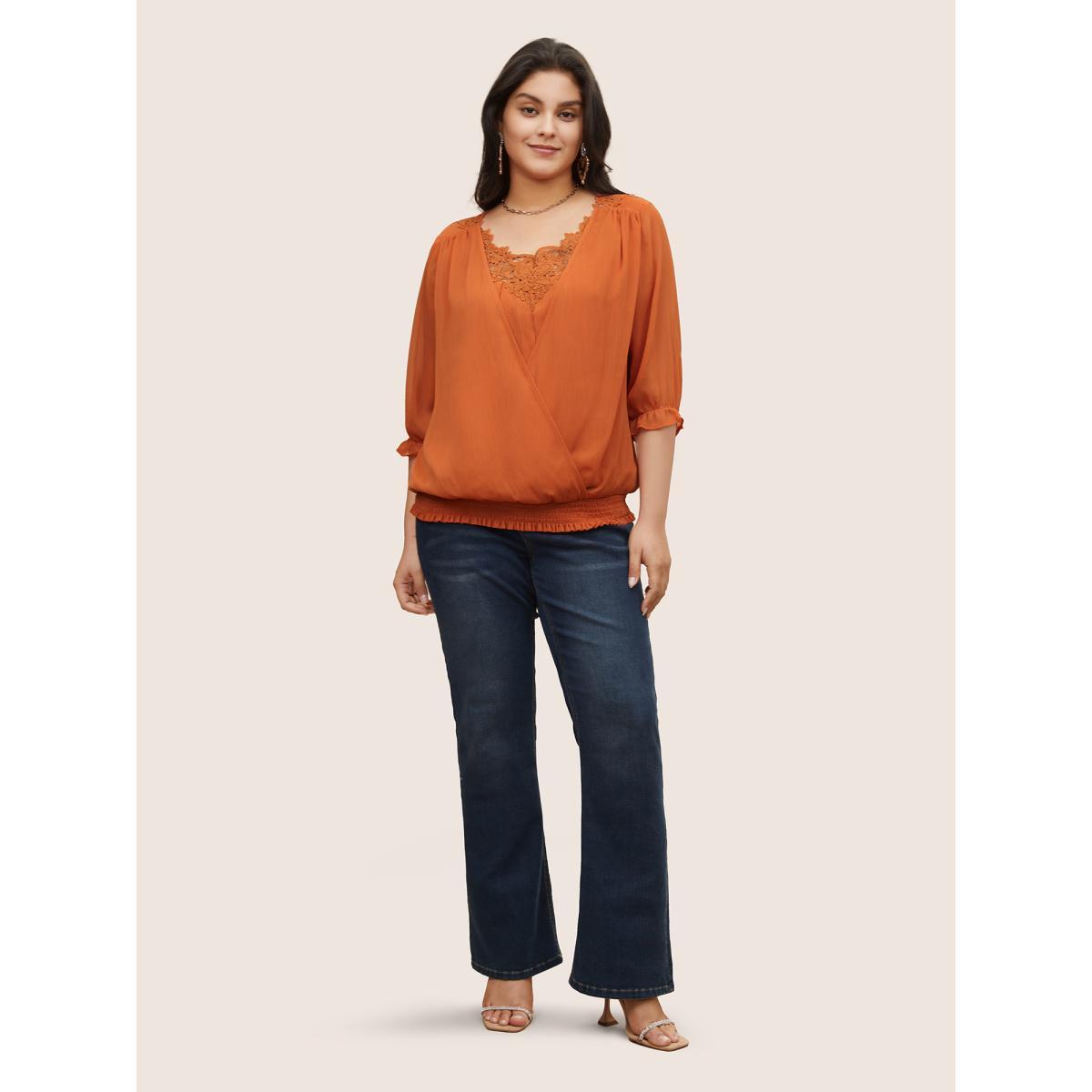 Plus Size Orange Chiffon Shirred Ruffle Trim Lace Panel Blouse Women Elegant Half Sleeve Round Neck Everyday Blouses BloomChic 18-20/2X Product Image
