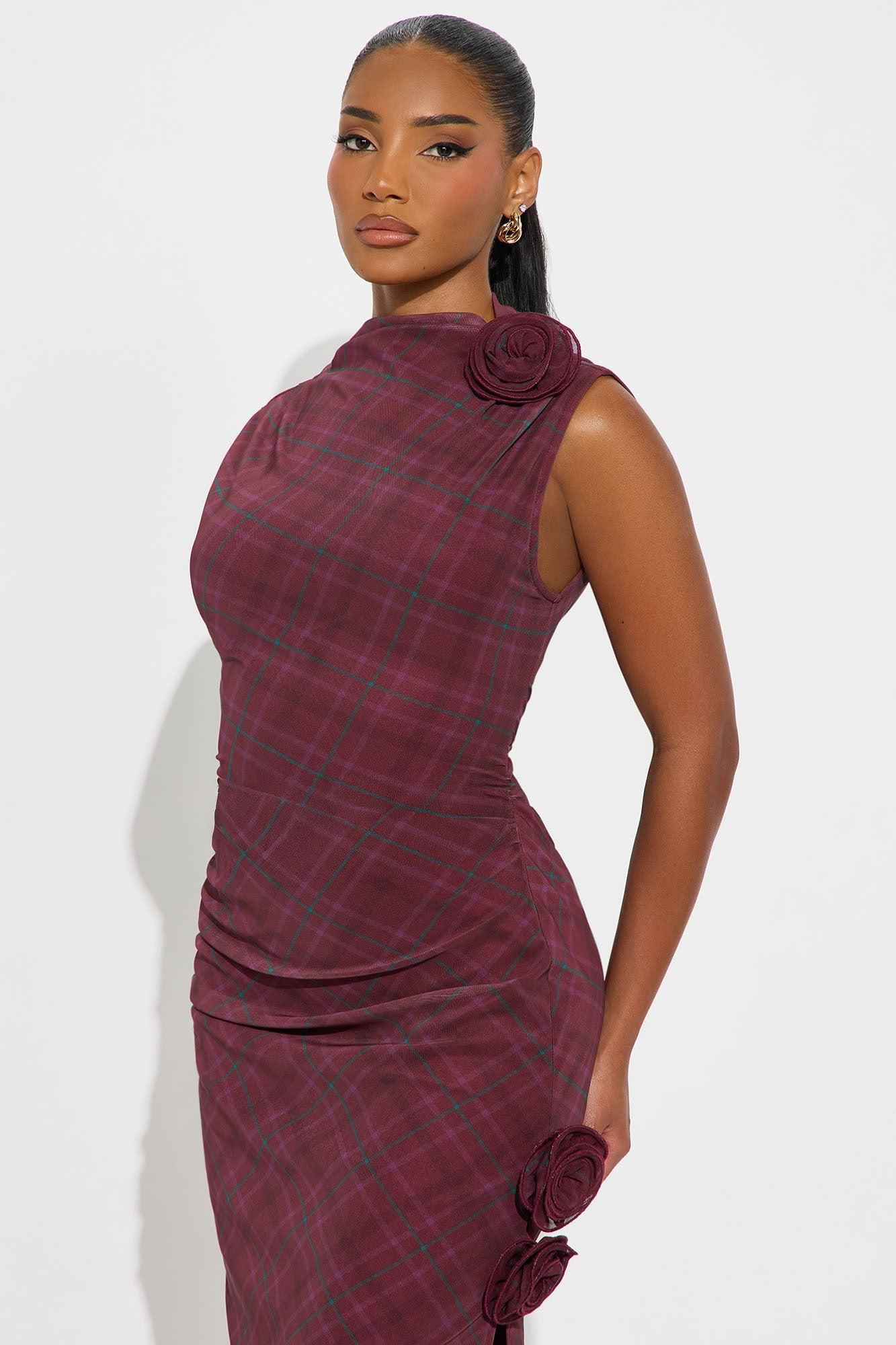 Rosie Ruched Plaid Mini Dress - Burgundy Product Image