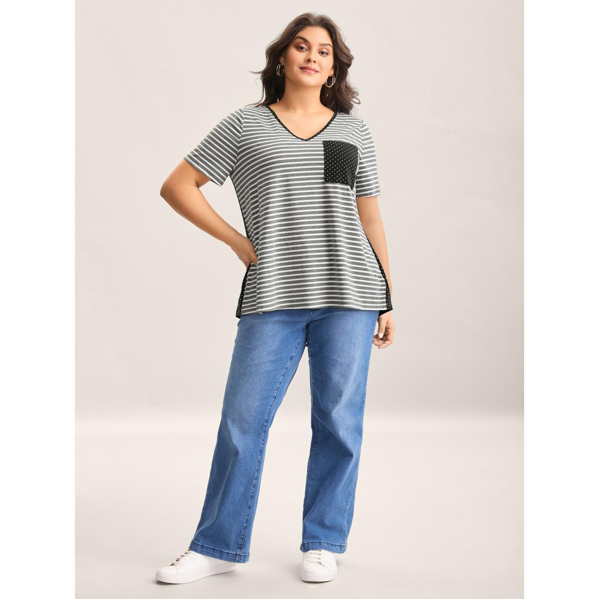 Plus Size Striped Polka Dots Print Pockets T-Shirt DimGray Women Contrast V-neck Everyday-Casual T-shirts BloomChic 10/M Product Image
