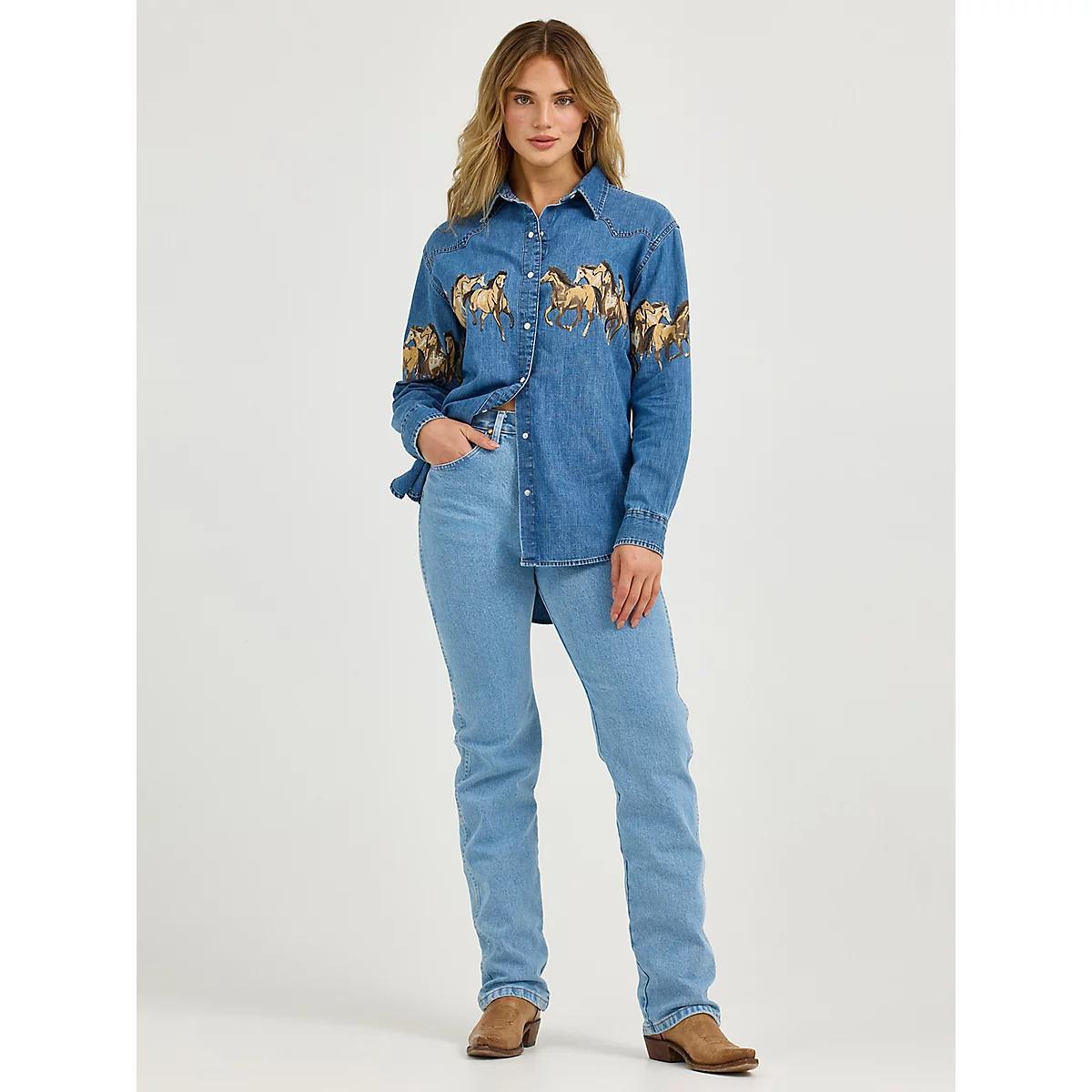 Women's Wrangler Horses Boyfriend Western Snap Shirt | Women's TOPS | Wrangler® Product Image