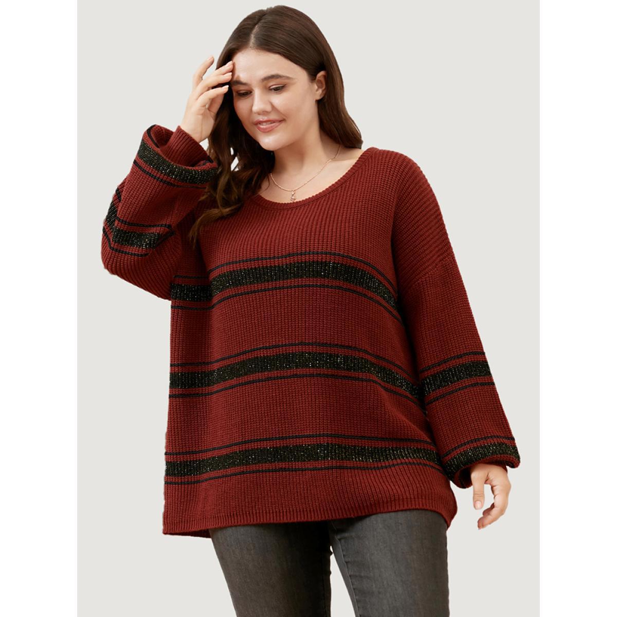 Plus Size Striped Contrast Pointelle Knit Lantern Sleeve Round Neck Knit Top Scarlet Women Casual Loose Long Sleeve Round Neck Dailywear Pullovers BloomChic 26/4X Product Image