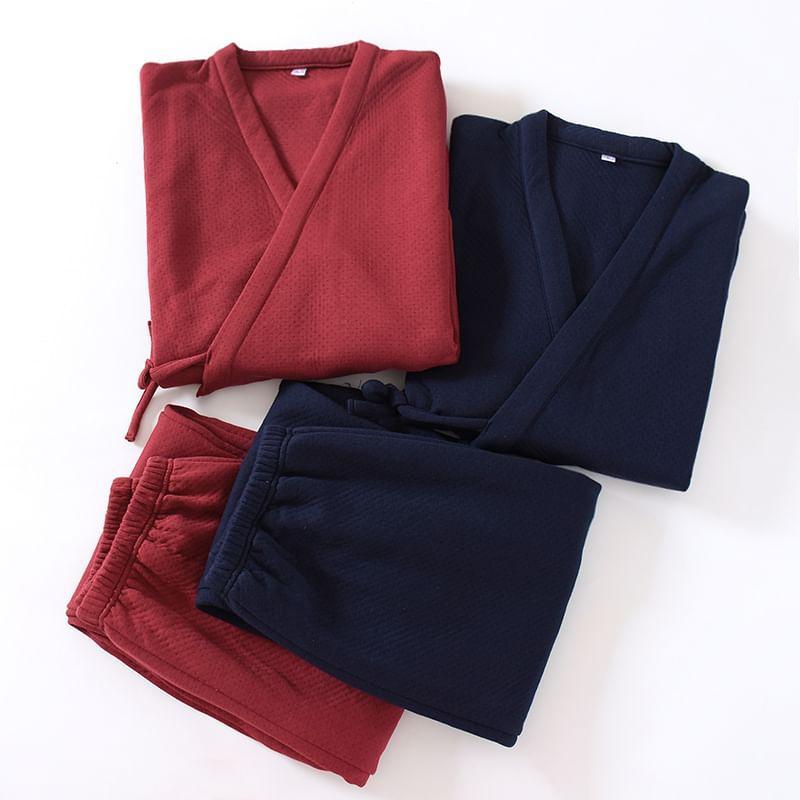 Pajama Set: Elbow-Sleeve Plain Kimono Top + Pants Product Image