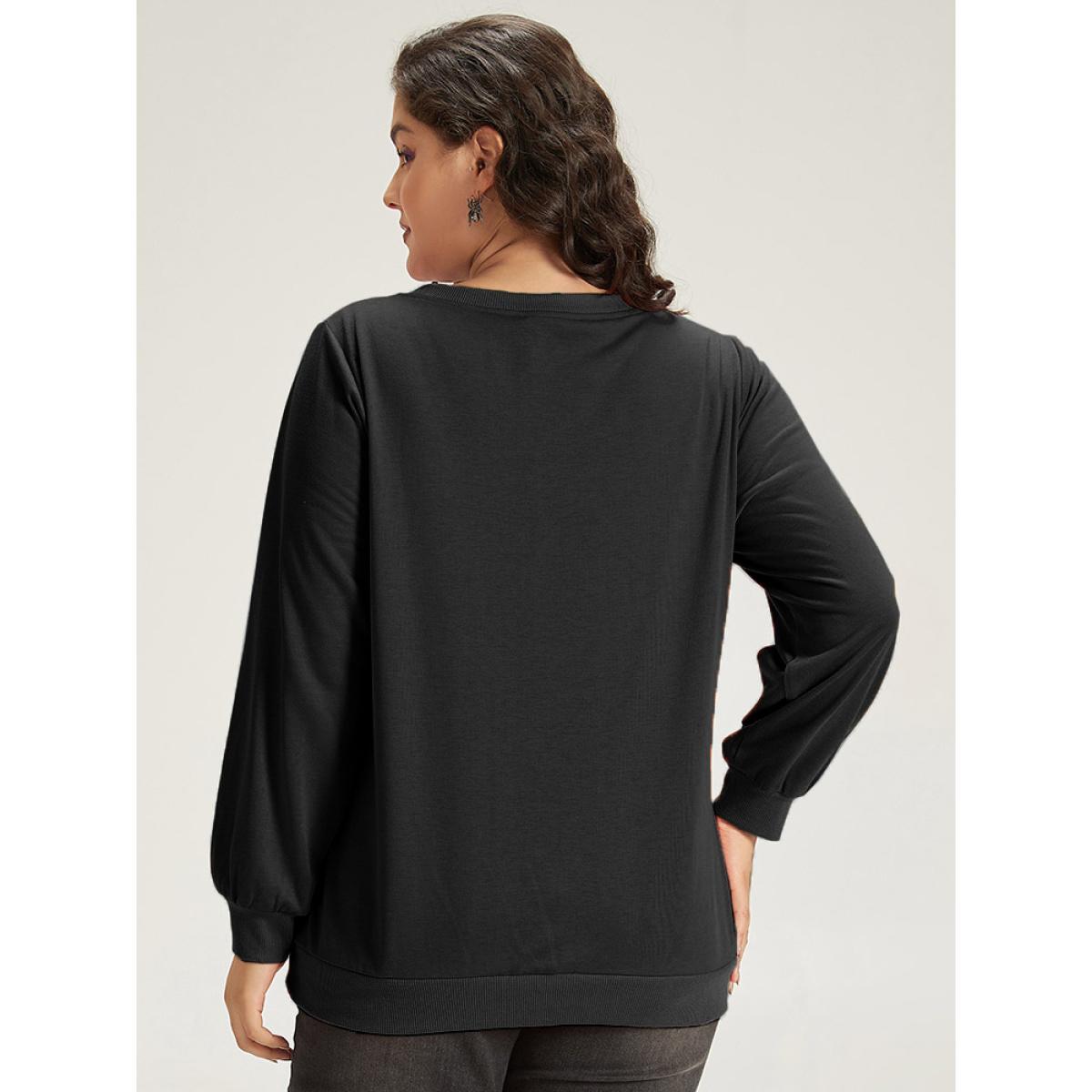 Plus Size Halloween Pumpkin Crew Neck Elastic Cuffs Sweatshirt Women Black Casual Elastic cuffs Festival-Halloween Sweatshirts BloomChic 30/6X Product Image