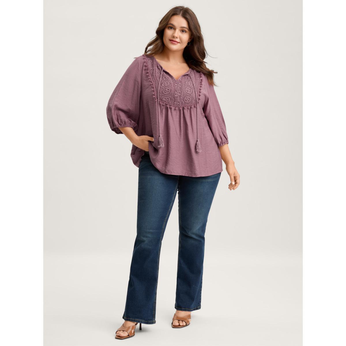 Plus Size Mauve Lace Neck Tie Flowy Solid Blouse Women Elbow-length sleeve V-neck Everyday-Elegant Blouses BloomChic 30/6X Product Image