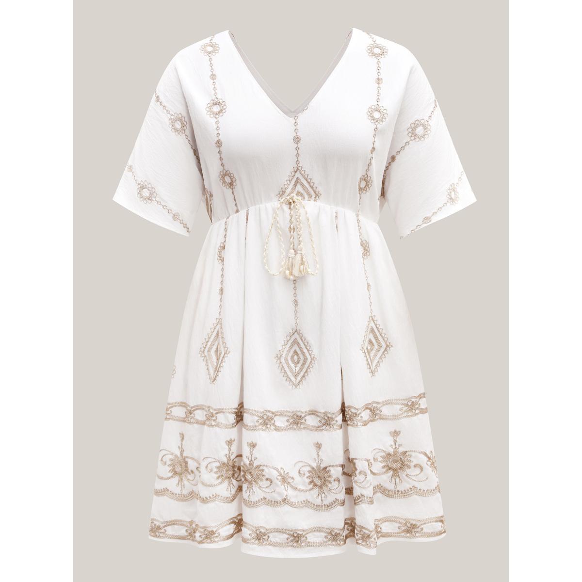 Plus Size Boho Embroidered Waist Tie Midi Dress Beige Women V-neck Sleeveless Curvy BloomChic 12/L Product Image