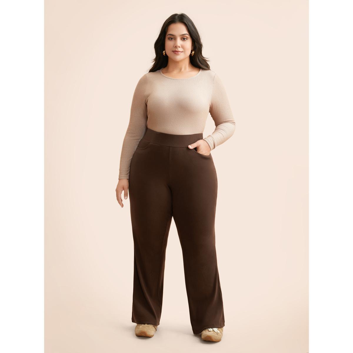 Plus Size Supersoft Essentials Flared Pants Women Browncoffeecolor Casual Medium stretch Bootcut Mid Rise Everyday Leggings BloomChic 22-24/3X Product Image