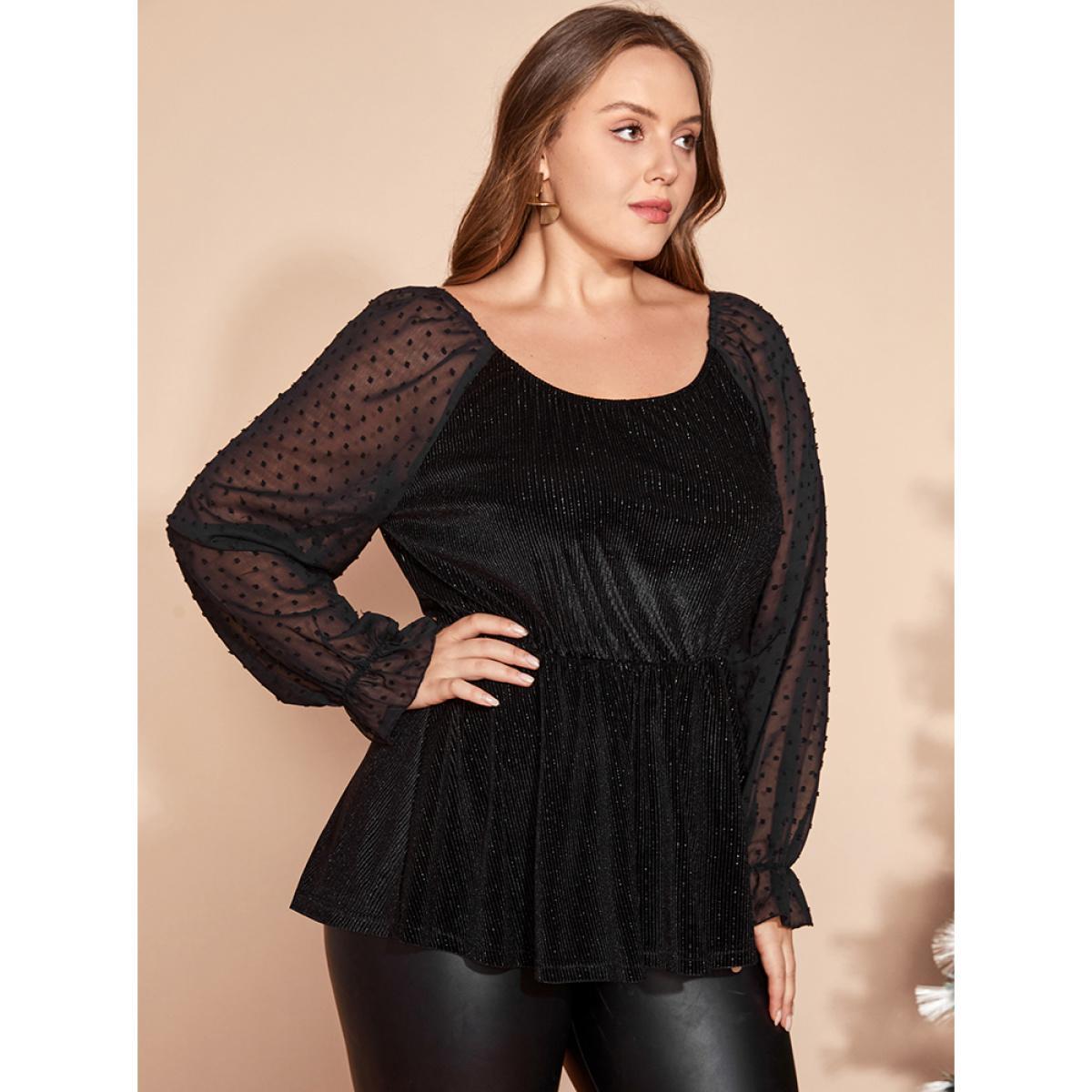 Plus Size Black Polka Dot Mesh Patchwork Textured Ruffle Hem Glitter Blouse Women Party Long Sleeve Scoop Neck Going out Blouses BloomChic 18-20/2X Product Image
