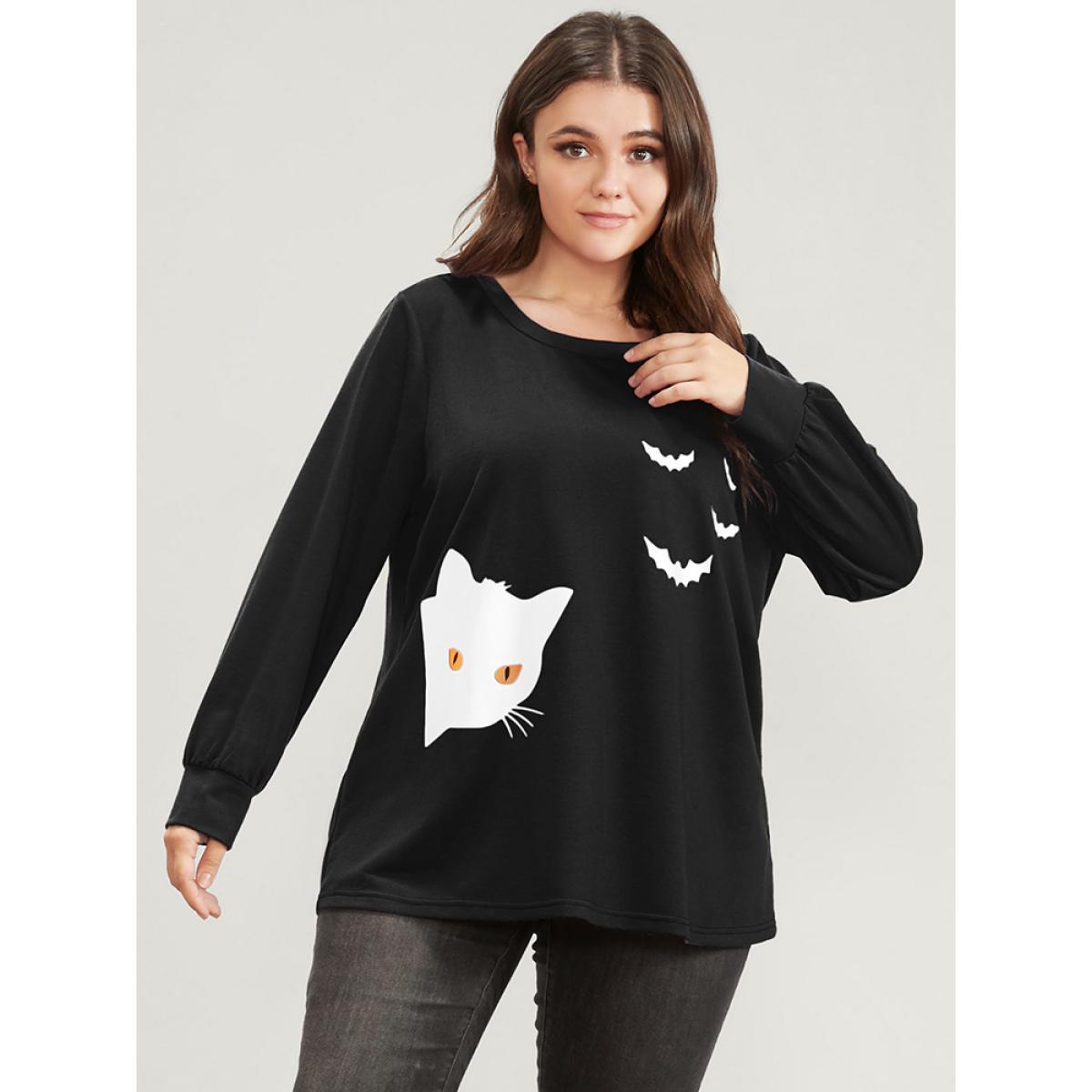 Plus Size Halloween Print Round Neck Drop Shoulder Sweatshirt Women Black Casual Printed V-neck Festival-Halloween Sweatshirts BloomChic 12/L Product Image