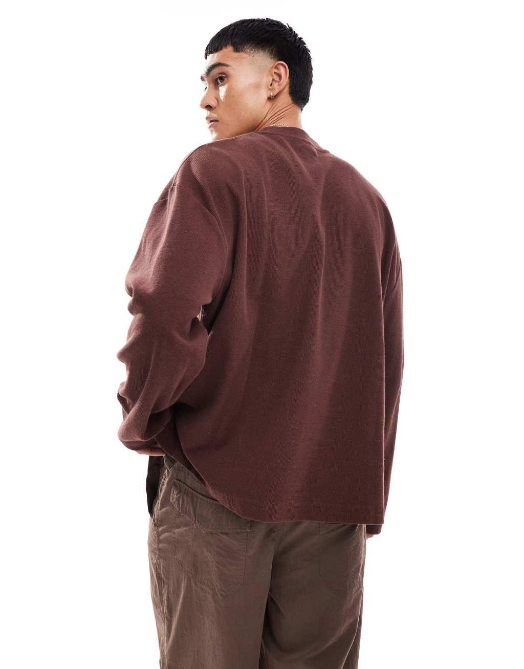 ASOS DESIGN oversized long sleeve textured t-shirt with side slit in dark brown Product Image