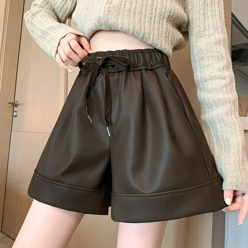 Drawstring Waist Plain Faux Leather Shorts Product Image