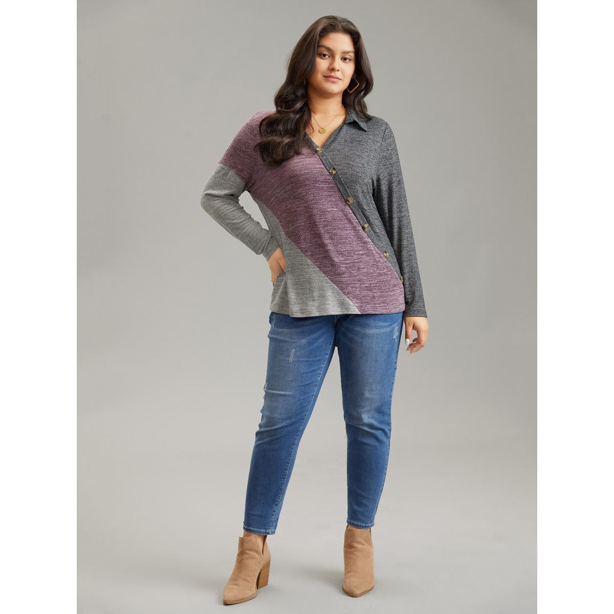 Plus Size Contrast Heather V Neck Button Detail T-shirt Multicolor Women Elegant Heather Plain V-neck Dailywear T-shirts BloomChic 26/4X Product Image