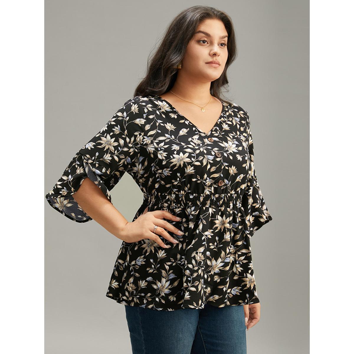 Plus Size BlackFlower Floral Print Shirred Button Detail V Neck Petal Sleeve Blouse Women Vacation Half Sleeve V-neck Dailywear Blouses BloomChic 14-16/1X Product Image