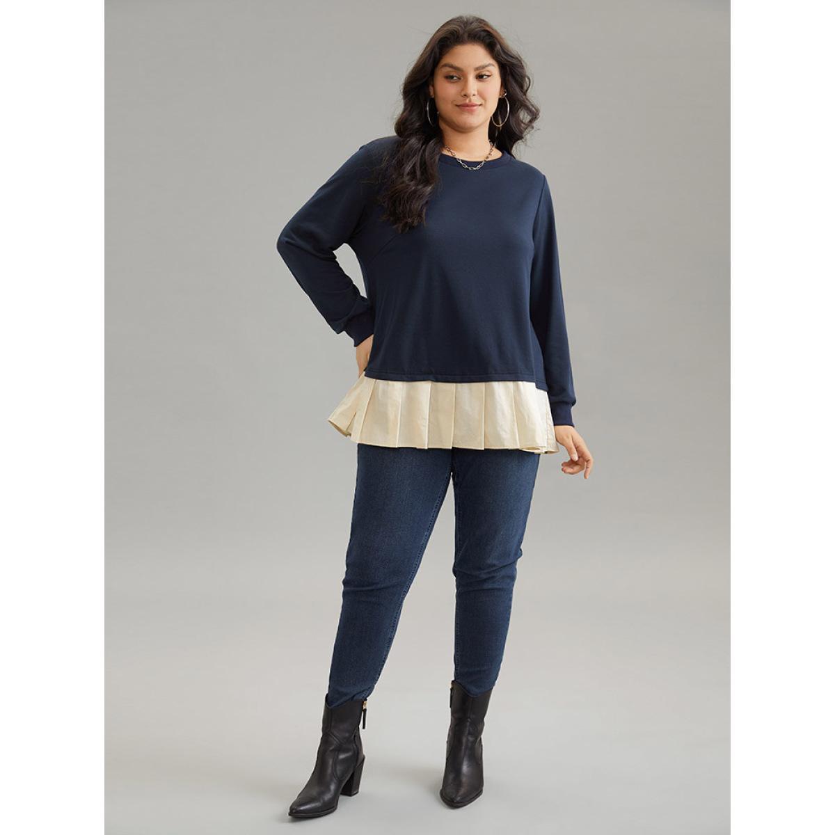 Plus Size 2-In-1 Two Tone Pleated Hem Sweatshirt Women Navy Casual Rib Knit Round Neck Dailywear Sweatshirts BloomChic 14-16/1X Product Image
