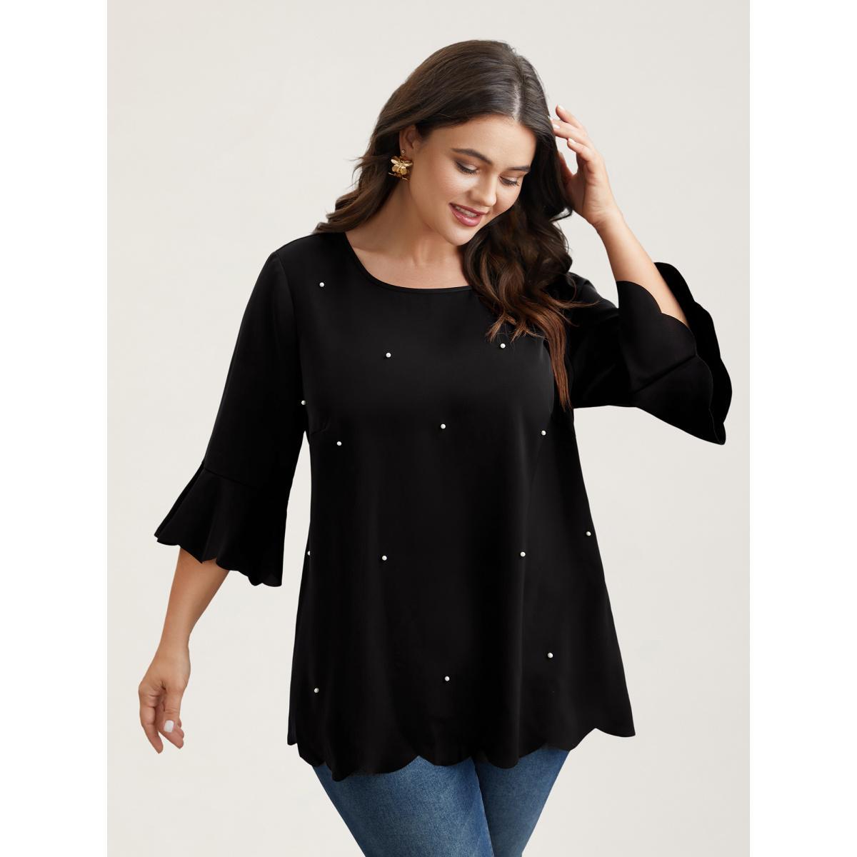 Plus Size Black Beads Embellished Scalloped Hem Shirt Women Elegant Elbow-length sleeve Round Neck Everyday Blouses BloomChic 10/M Product Image