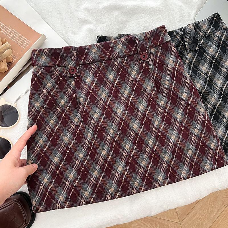 High Waist Plaid Mini A-Line Skirt Product Image