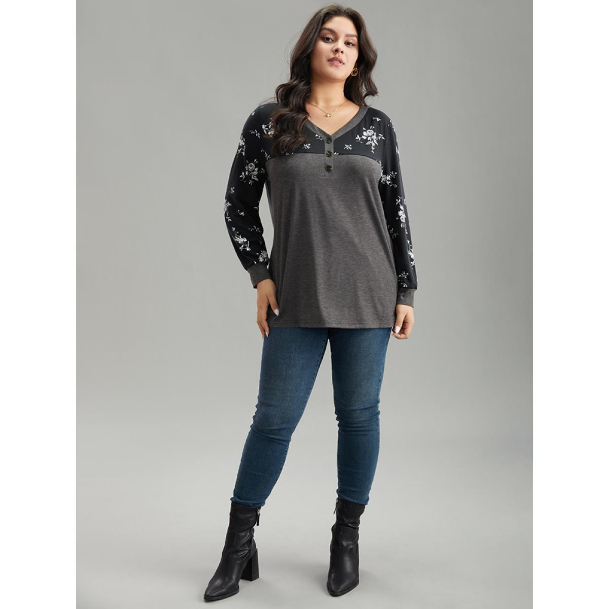 Plus Size Floral Print Patchwork Button Up T-shirt DimGray Women Elegant Printed Patchwork V-neck Dailywear T-shirts BloomChic 12/L Product Image