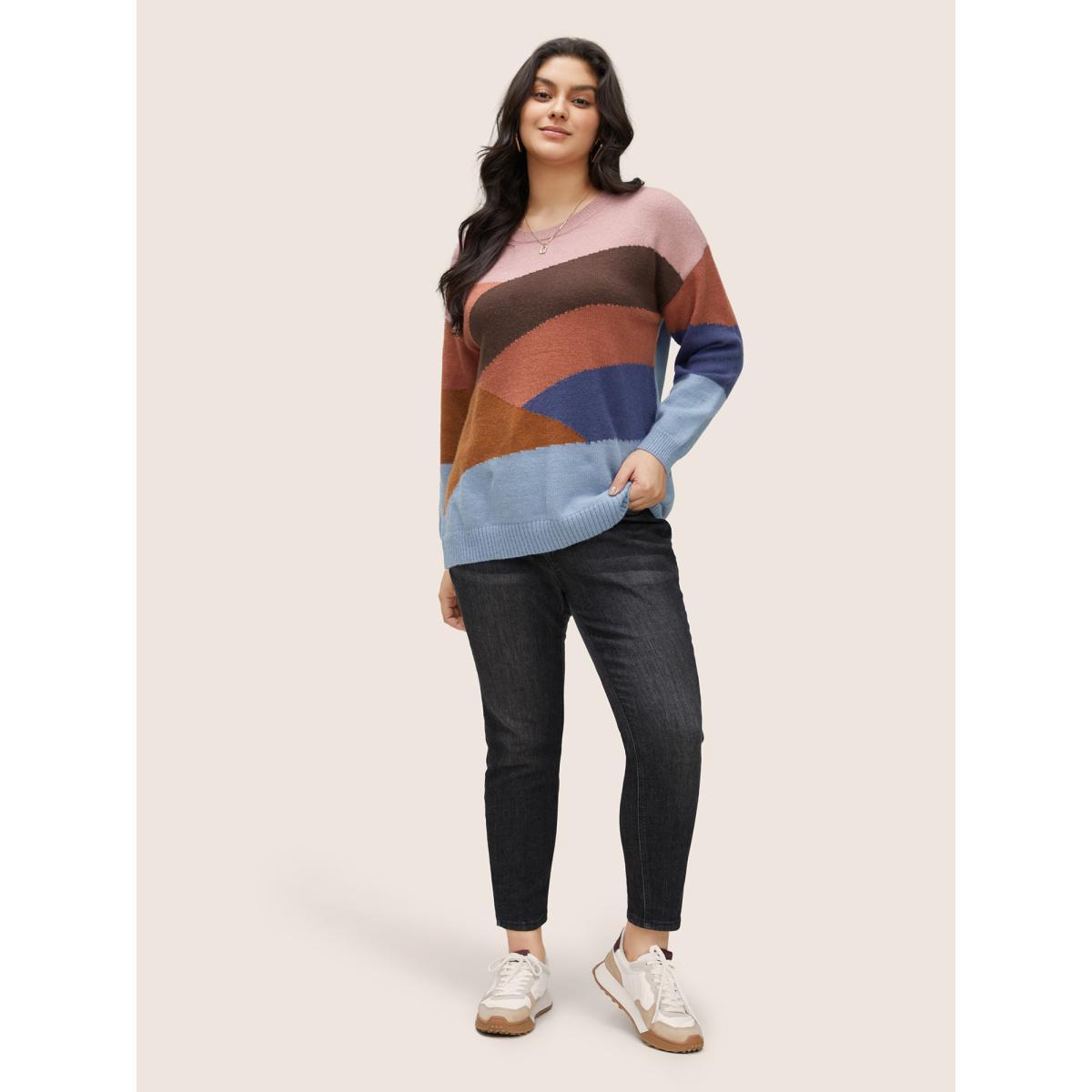 Plus Size Supersoft Essentials Colorblock Patchwork Pullover Multicolor Women Casual Long Sleeve Round Neck Everyday Pullovers BloomChic 12/L Product Image