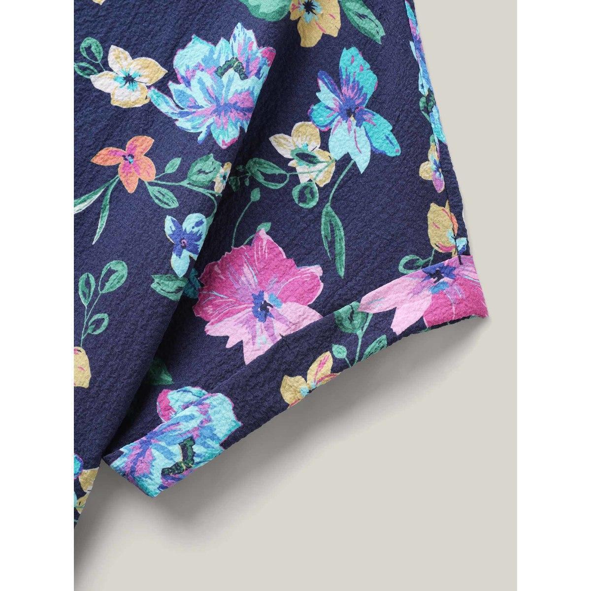 Plus Size Indigo Floral Affair Print Wrinkled Fabric Blouse Women Short sleeve Round Neck Everyday-Elegant Blouses BloomChic 30/6X Product Image