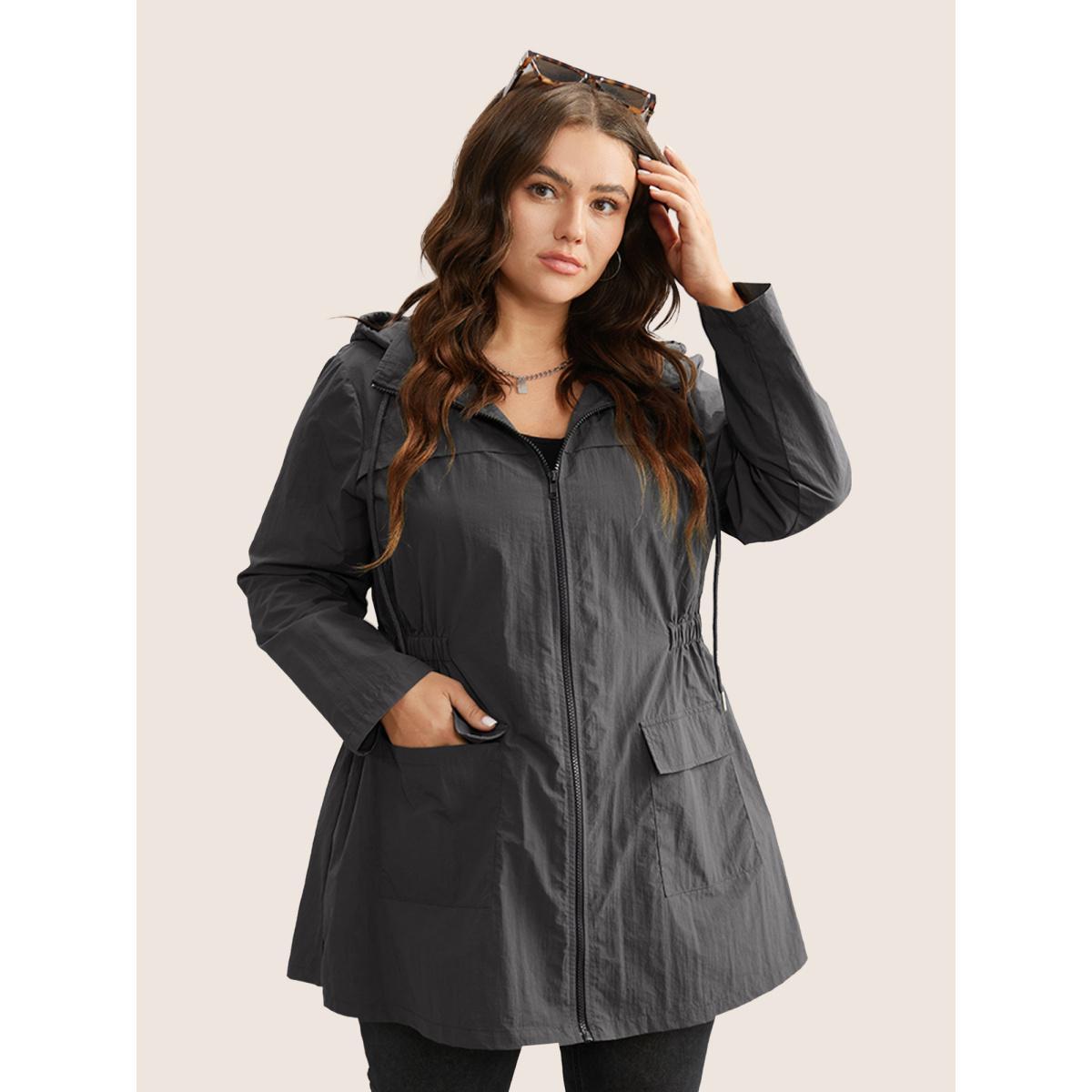 Plus Size Plain Hooded Drawstring Gathered Zipper Jacket Women DimGray Non Patch pocket Everyday Jackets BloomChic 18-20/2X Product Image